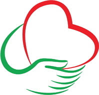 A red and green heart with two hands.